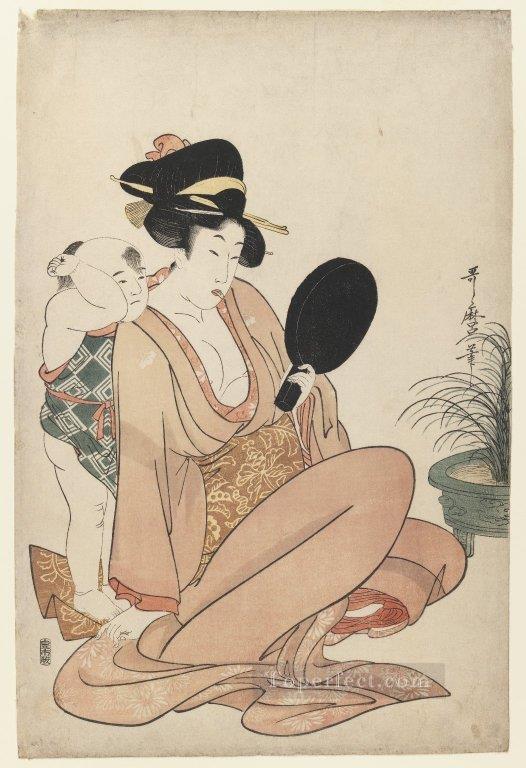 手鏡を見つめる母子 1805年 喜多川歌麿 浮世絵美人画油絵